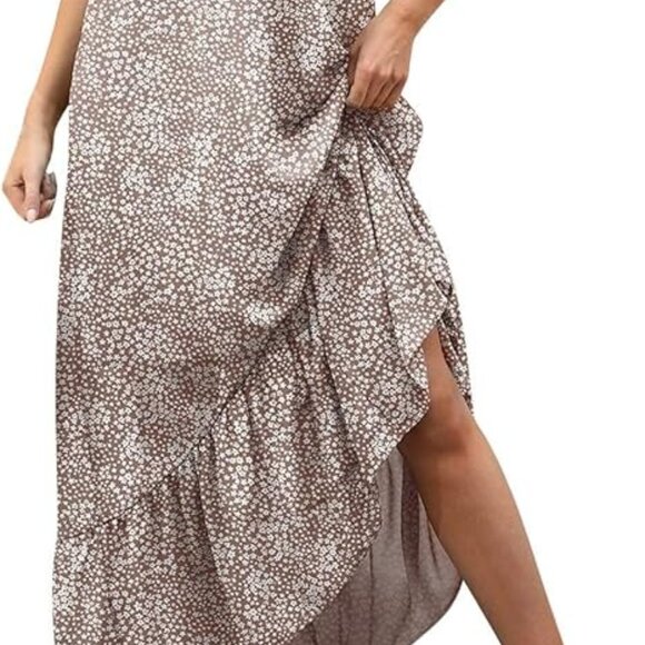 Flawless Tan White Ditzy Floral Boho Maxi Dress Lined Ruffle Women's Size Small - Picture 5 of 12